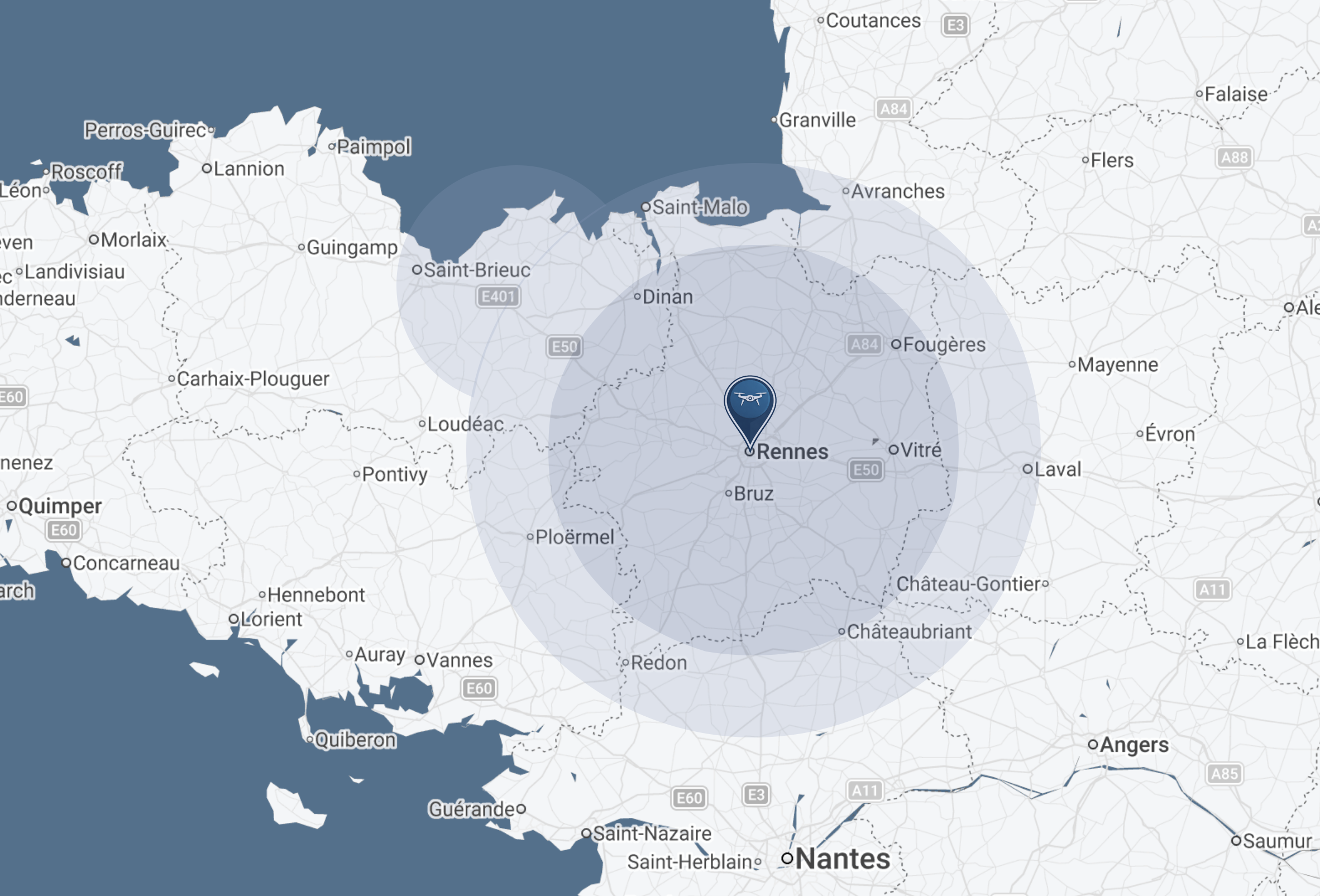 Zone d’intervention nettoyage toiture et façade par drone autour de Rennes