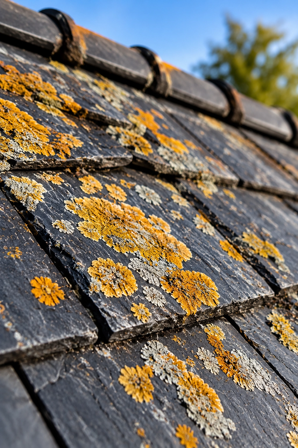 Lichens incrustés sur une toiture en ardoise avant nettoyage